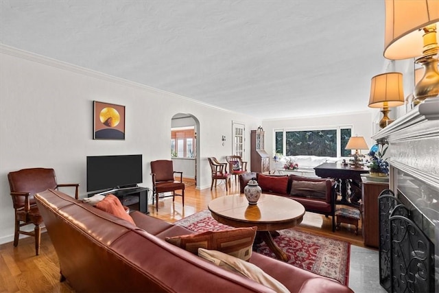 living room with light wood-type flooring, plenty of natural light, and crown molding