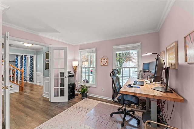 office area with wood-type flooring, crown molding, and french doors