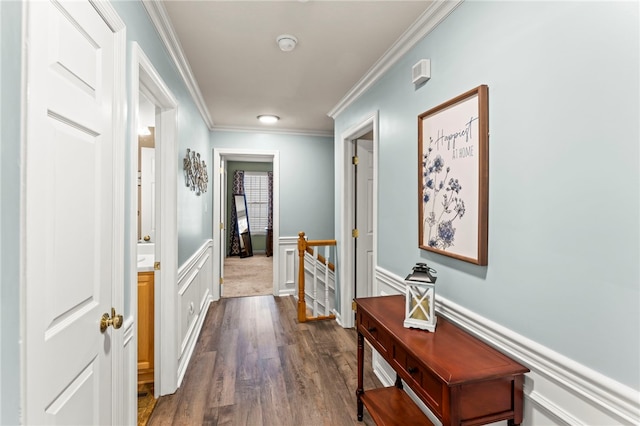 hallway with dark hardwood / wood-style floors and ornamental molding