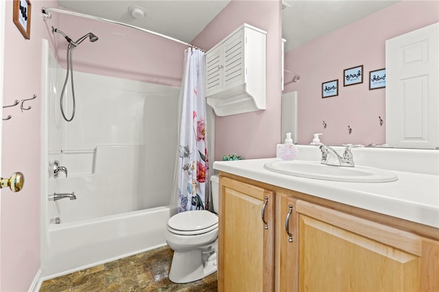 full bathroom with vanity, toilet, and shower / bathtub combination with curtain