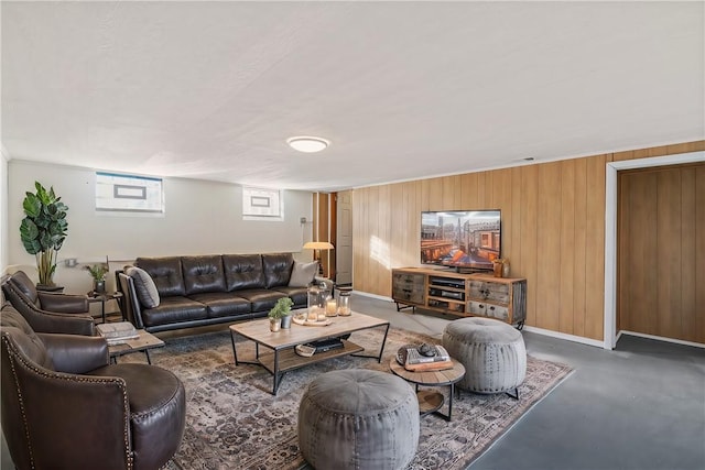 living room featuring wood walls