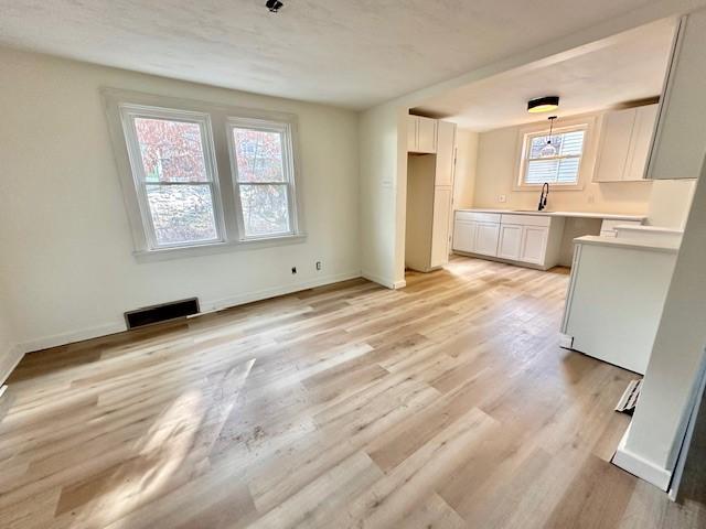 unfurnished dining area featuring light hardwood / wood-style flooring and sink