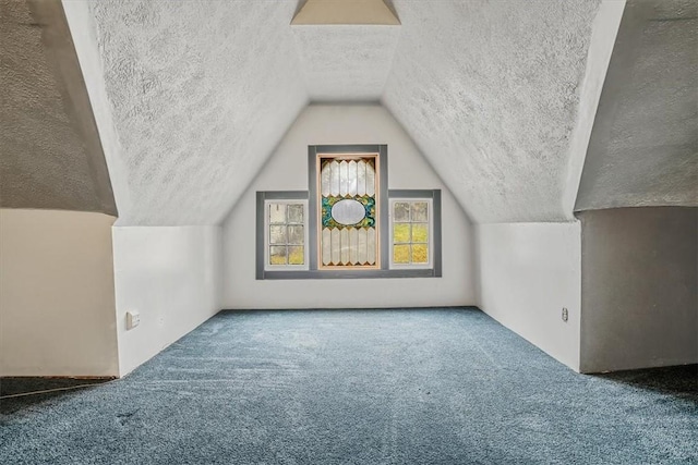 additional living space featuring carpet flooring, a textured ceiling, and lofted ceiling