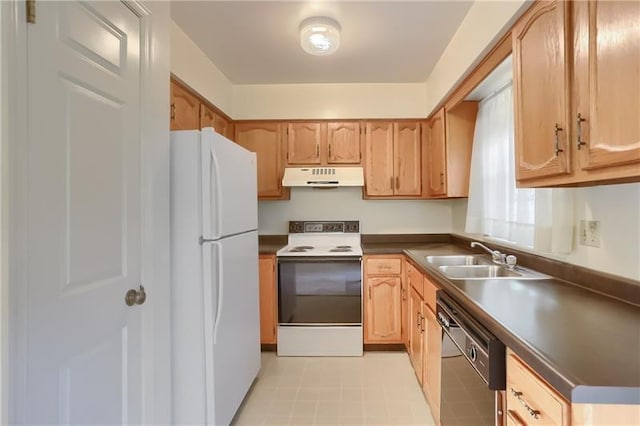 kitchen featuring light tile patterned flooring, white appliances, and sink