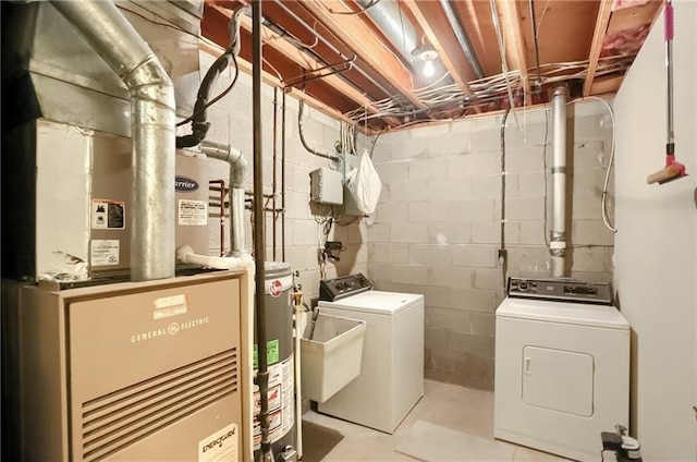 clothes washing area with heating unit and washing machine and clothes dryer