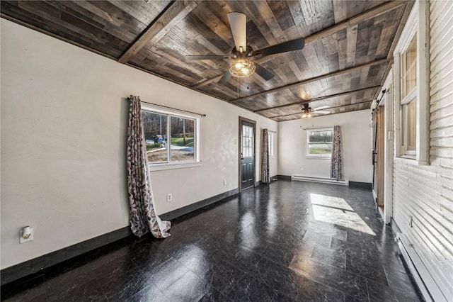 unfurnished room featuring a baseboard heating unit, ceiling fan, and wooden ceiling