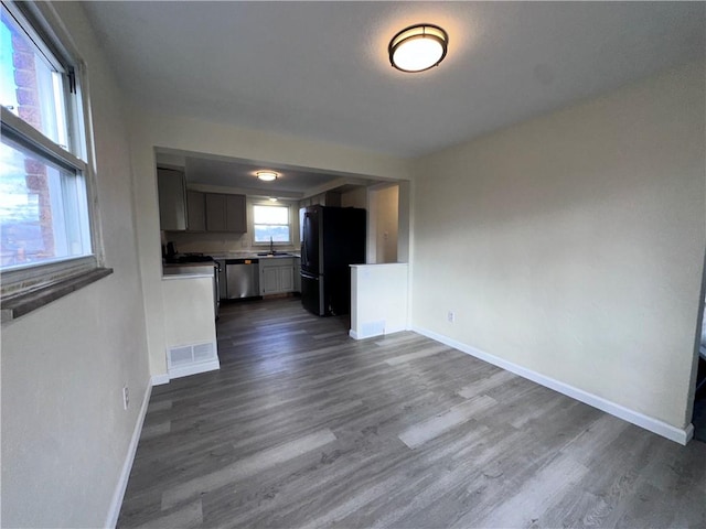 unfurnished living room featuring sink and dark wood-type flooring