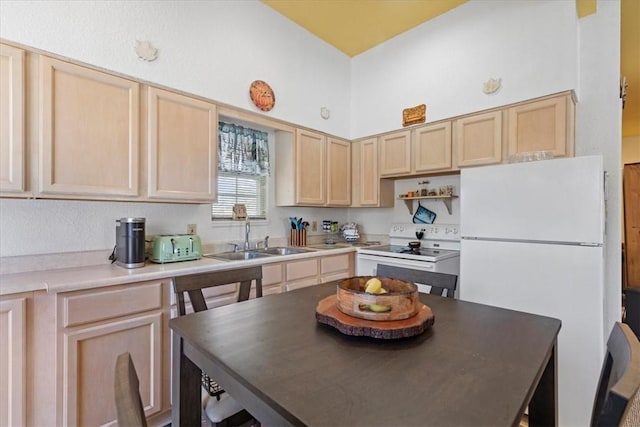 kitchen featuring white appliances, light brown cabinets, and sink