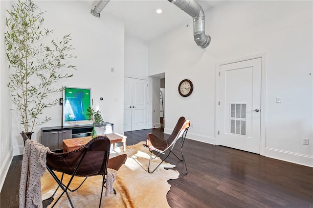 interior space featuring a towering ceiling and dark hardwood / wood-style floors