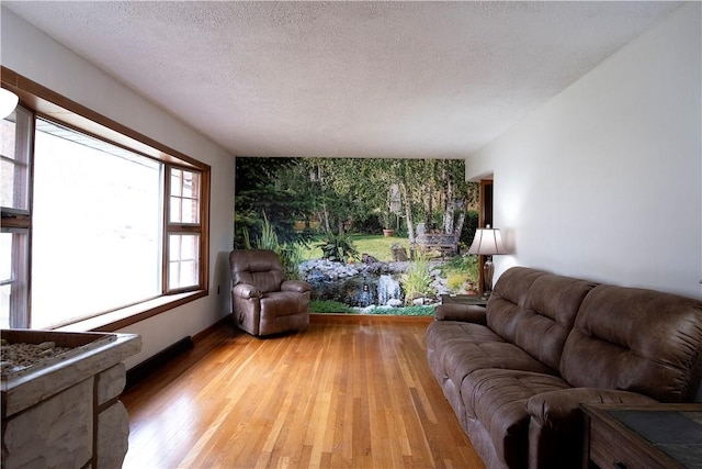 living room featuring light hardwood / wood-style floors and a textured ceiling