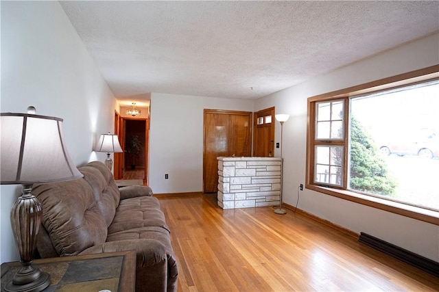 living room with a textured ceiling and light hardwood / wood-style flooring