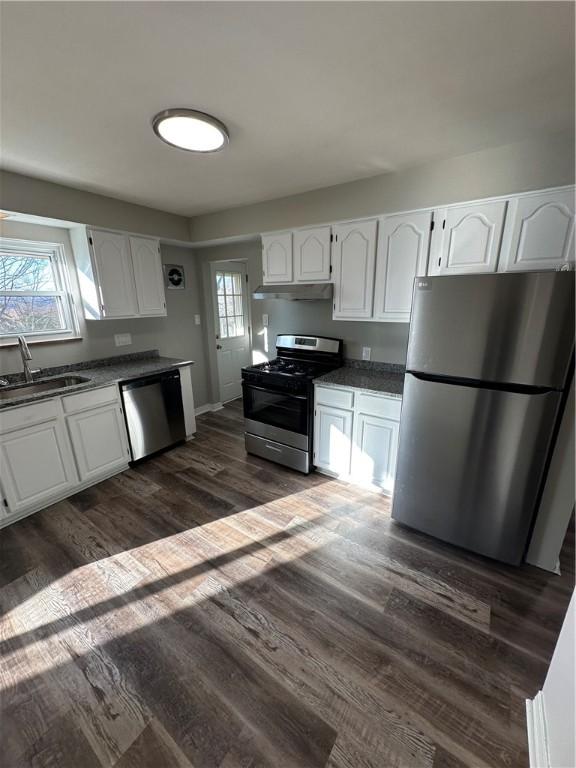 kitchen with dark hardwood / wood-style floors, a wealth of natural light, sink, stainless steel appliances, and white cabinets