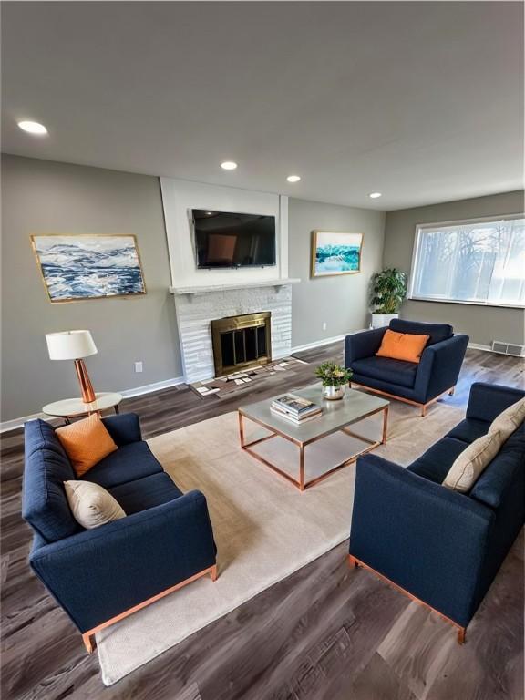 living room with hardwood / wood-style flooring and a stone fireplace