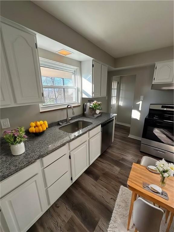 kitchen with sink, white cabinets, dark hardwood / wood-style floors, and stainless steel appliances