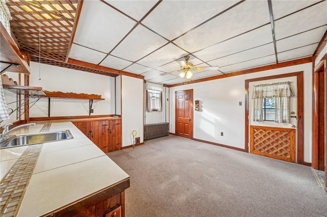 kitchen with light carpet, sink, ceiling fan, and radiator heating unit