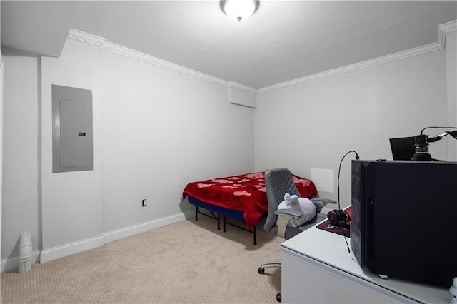 bedroom featuring electric panel, light carpet, and crown molding