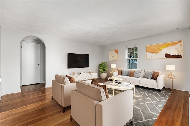 living room with dark hardwood / wood-style flooring