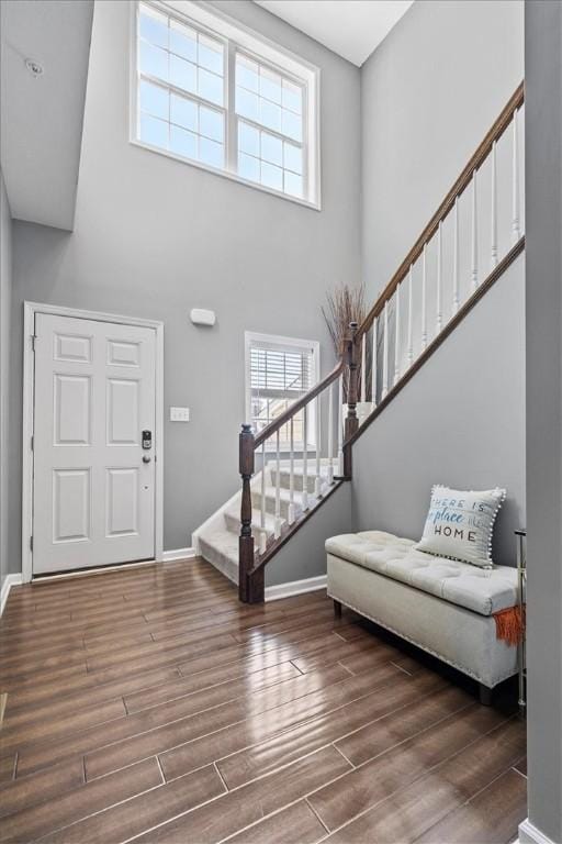 entrance foyer with a towering ceiling and dark wood-type flooring