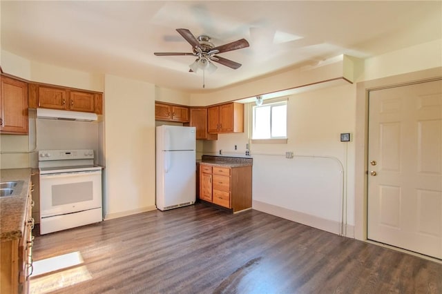 571 Kaylor Frogtown Rd, Bradys Bend Twp, PA 16025 - kitchen with white appliances, under cabinet range hood, brown cabinetry, and ceiling fan