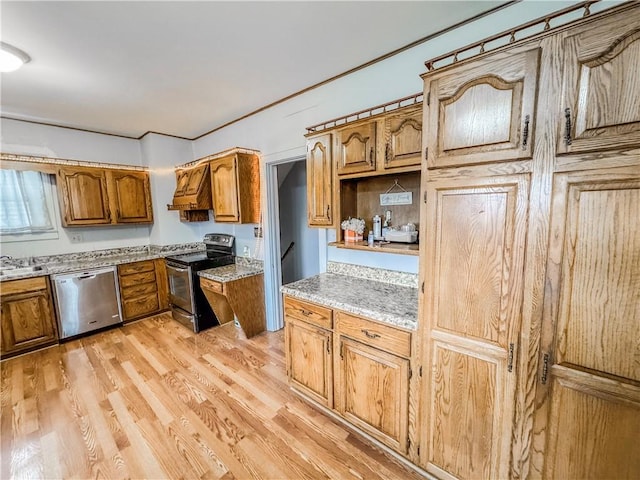 kitchen with sink, stainless steel dishwasher, black / electric stove, light hardwood / wood-style floors, and custom range hood