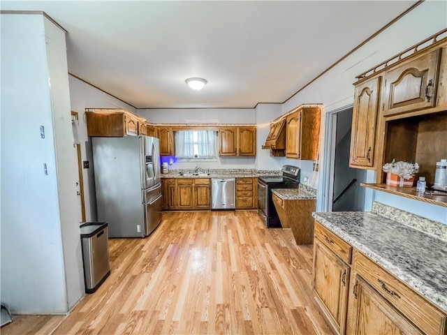 kitchen with sink, light hardwood / wood-style flooring, custom range hood, and appliances with stainless steel finishes