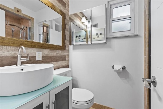 bathroom featuring vanity, toilet, and walk in shower