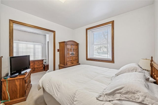 bedroom featuring multiple windows and light carpet