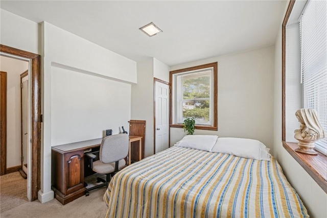 bedroom with light colored carpet and a closet