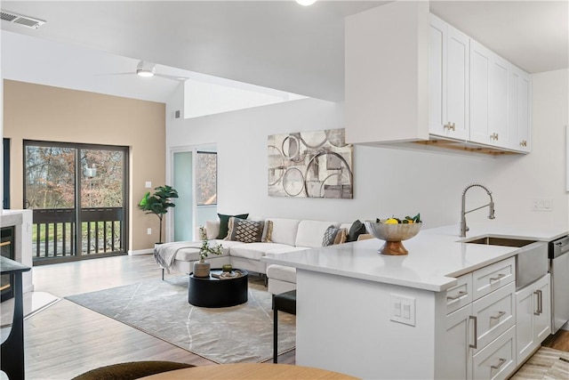 interior space with ceiling fan, sink, and light hardwood / wood-style flooring