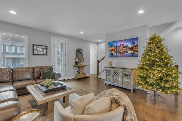 living room with dark wood-type flooring