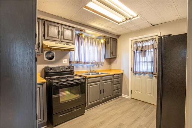 kitchen with black appliances, a healthy amount of sunlight, light wood-type flooring, and sink