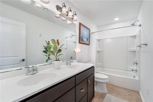 full bathroom with tile patterned floors, vanity, toilet, and shower / tub combo with curtain