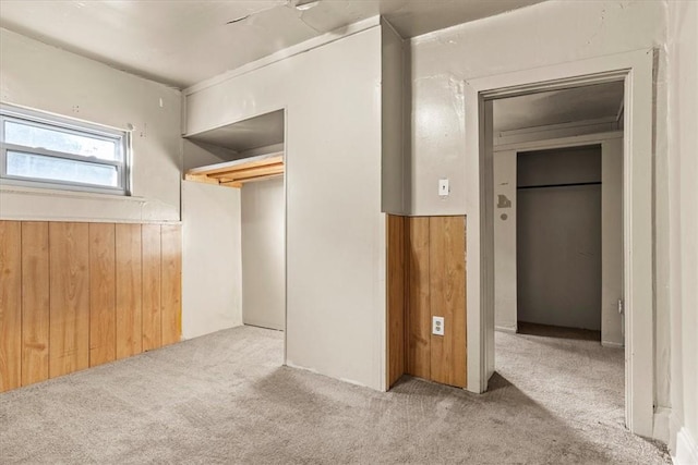 interior space with light carpet, a closet, and wood walls