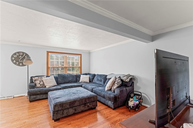 living room with wood-type flooring and ornamental molding