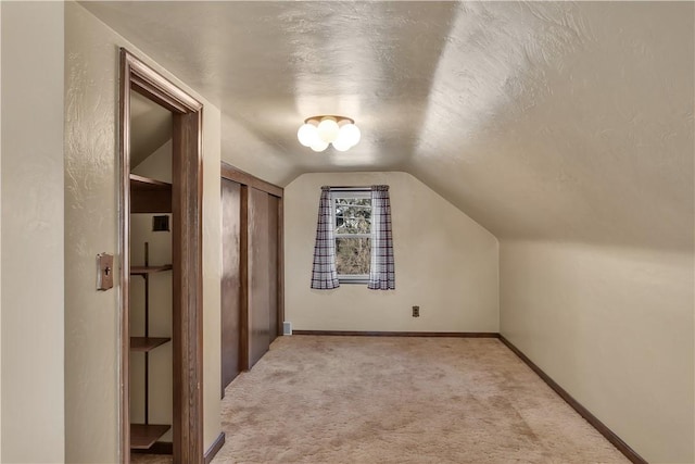 additional living space featuring light carpet, a textured ceiling, and vaulted ceiling