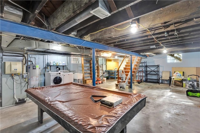 rec room featuring sink, separate washer and dryer, water heater, concrete floors, and pool table