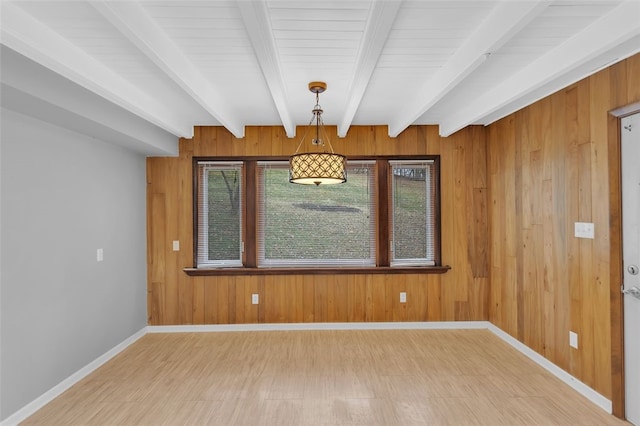 unfurnished room featuring beam ceiling, wood ceiling, wooden walls, and hardwood / wood-style floors