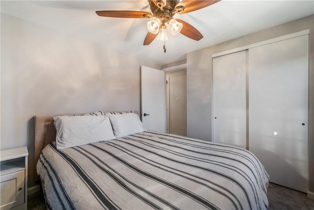 carpeted bedroom featuring a closet and ceiling fan