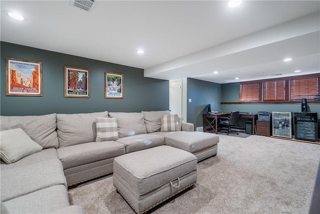 living room with light colored carpet