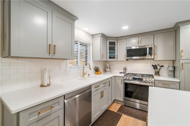 kitchen featuring gray cabinetry, sink, decorative backsplash, appliances with stainless steel finishes, and light wood-type flooring