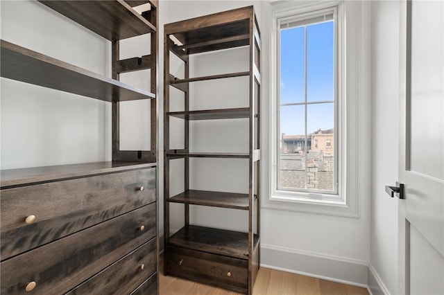 spacious closet with light hardwood / wood-style flooring