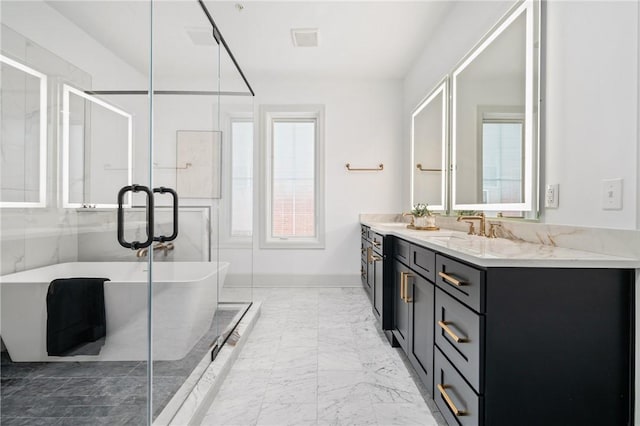 bathroom with vanity, a tub, and a wealth of natural light