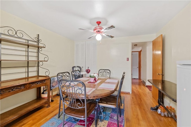 dining room featuring ceiling fan and wood-type flooring