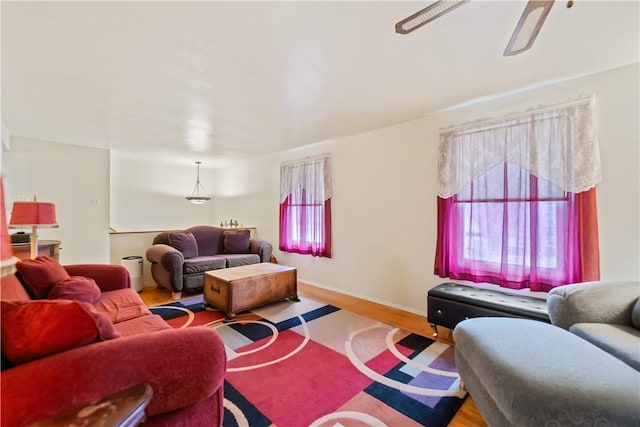 living room featuring ceiling fan and hardwood / wood-style flooring