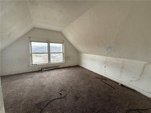 additional living space with carpet flooring, lofted ceiling, and a textured ceiling