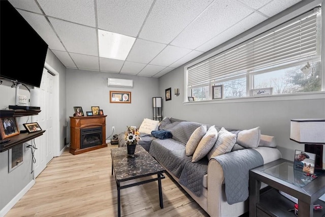 living room featuring a drop ceiling, an AC wall unit, and light hardwood / wood-style flooring