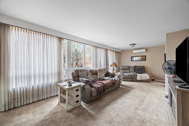 living room with a wall mounted air conditioner and light colored carpet