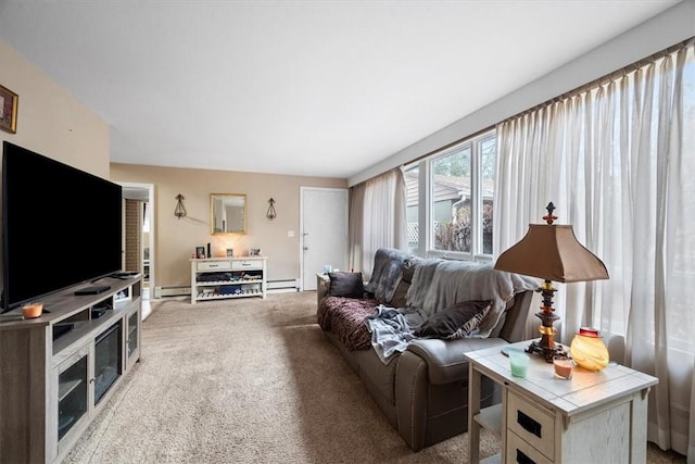 living room featuring carpet floors and baseboard heating