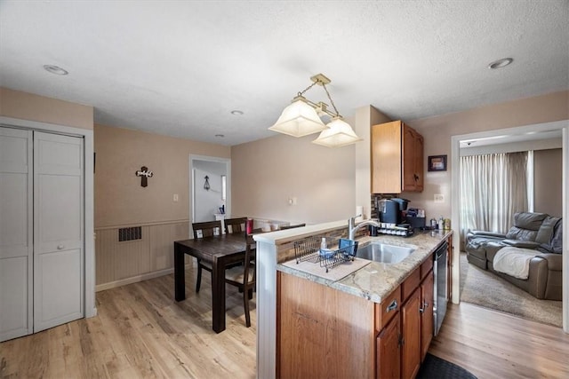 kitchen featuring dishwasher, sink, light hardwood / wood-style floors, and decorative light fixtures