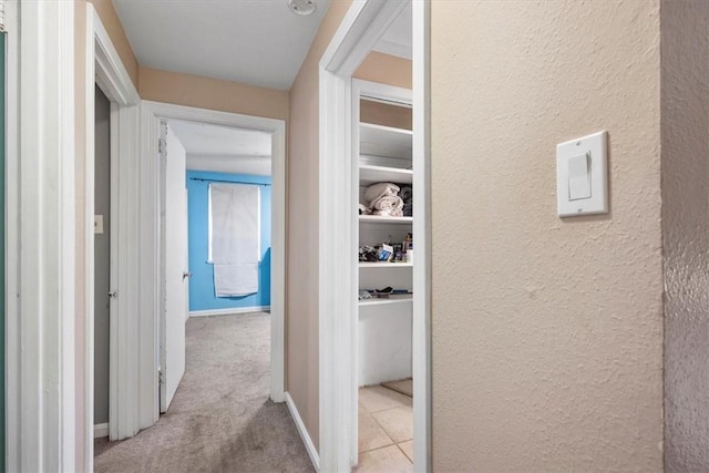 hallway featuring light carpet